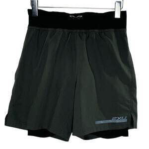 2XU L Mens 2 In 1 Running Compression Shorts Black Crossfit Gym *flaw